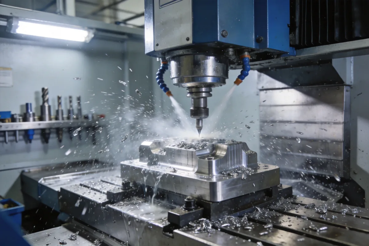 CNC milling machine cutting a metal part with coolant and chips in a precision machine shop